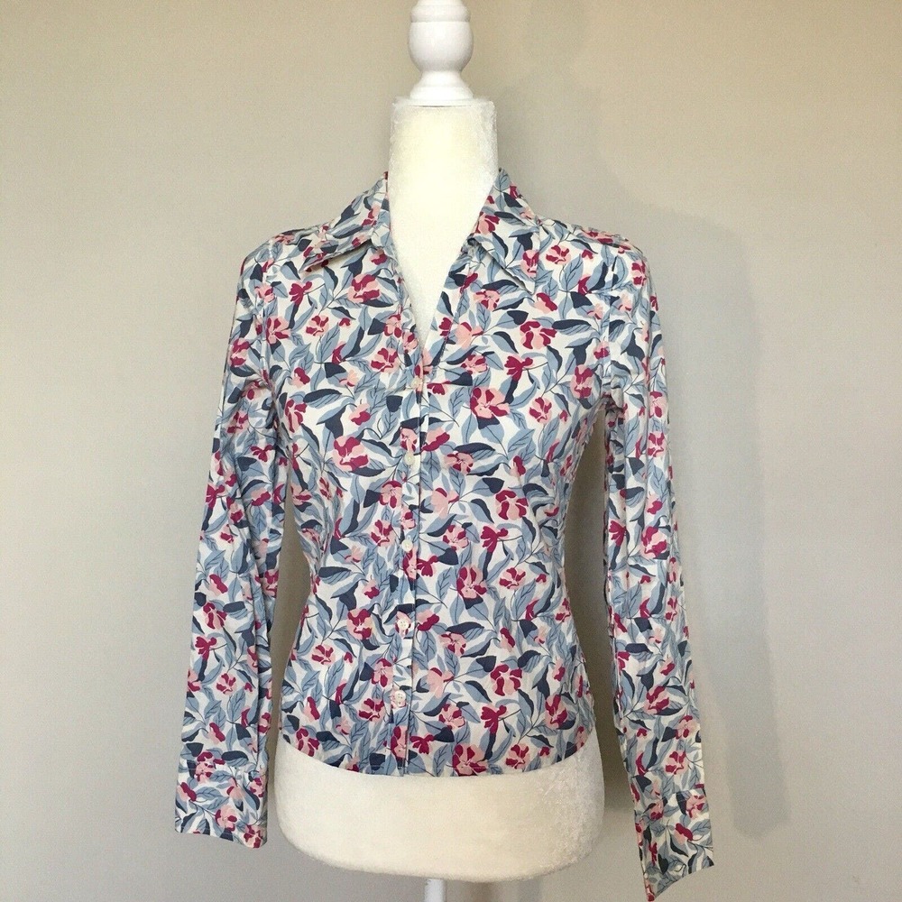 Old Navy X-Small Button Up Blouse Blue White Pink Floral Long Sleeve Career Top